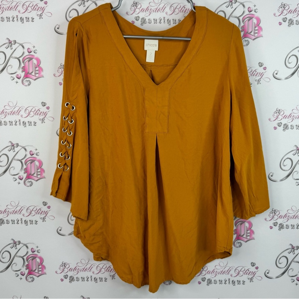 Chico's long sleeve  Lace-Up Sleeve Blouse burnt rust orange Vneck sweater